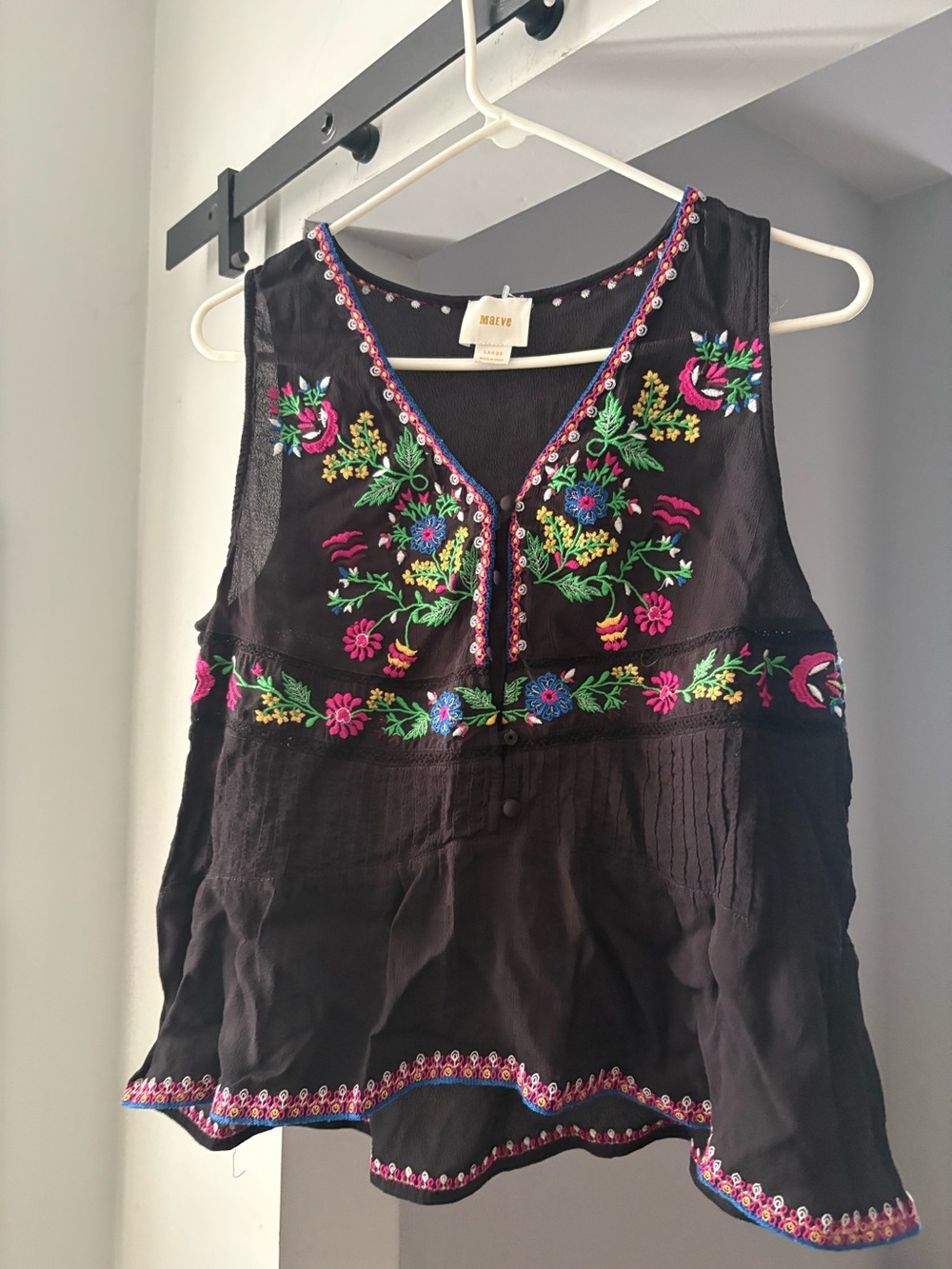Maeve Black Sleeveless Embroidered Floral Peasant Top